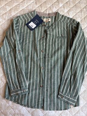 Green Striped Band-Collar Button-Up Shirt
